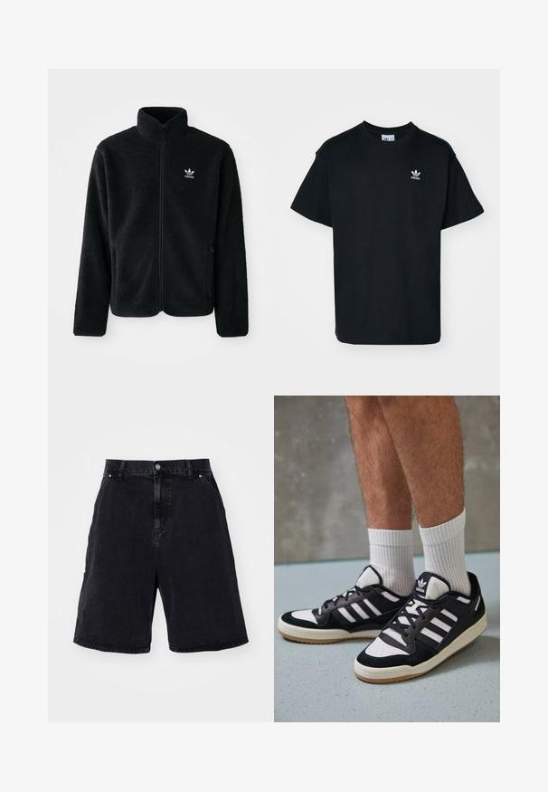 Sort fleecejakke med høj krave, lynlås foran og frontlommer. Har tekstureret stof og lille hvidt logo på venstre bryst.; Sorte bomulds T-shirt med rund hals og korte ærmer, prydet med et lille hvidt Adidas-logo på venstre brystområde.; Sorte denimshorts har en afslappet pasform, standard fem-lomme design og metalknaplukning. Glat overflade med minimal fading.; Sorte og hvide sneakers med en overdel i ruskind og læder, der har tre hvide striber, en perforeret tå og en sål i gummigummi.