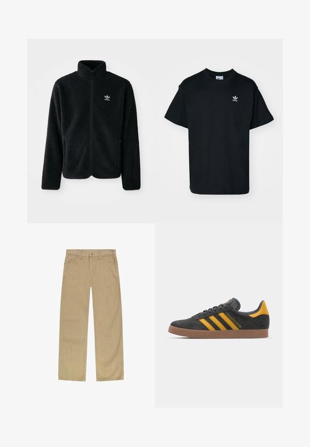 Black fleece jacket with high collar, zip front, and front pockets. Features textured fabric and small white logo on left chest.; Black cotton t-shirt with a crew neck and short sleeves, featuring a small white Adidas logo on the left chest area.; Beige cotton twill pants with a straight leg design, five pockets, front button closure, and copper-tone rivets for durability.; Black suede sneaker with yellow accents, featuring three stripes and a brown rubber sole. Includes a padded tongue for comfort.