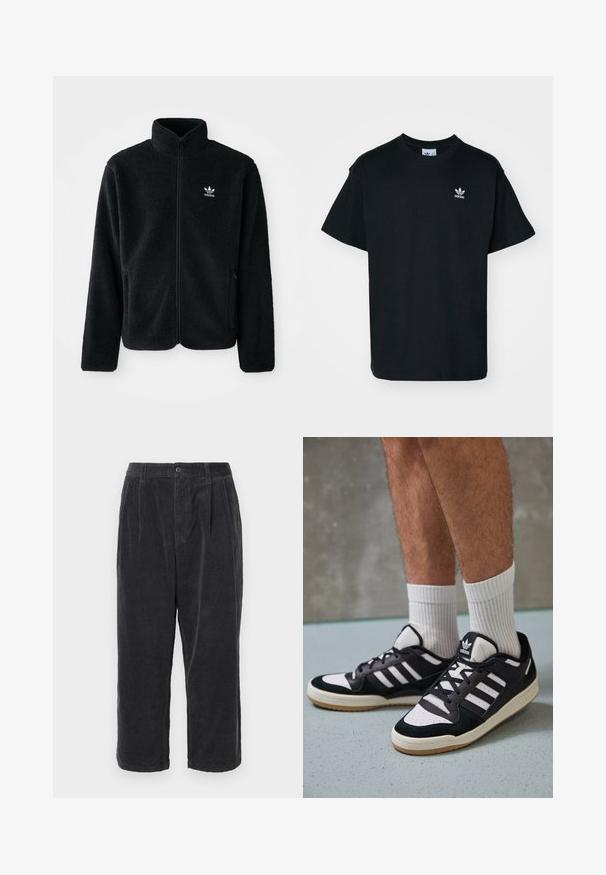 Black fleece jacket with high collar, zip front, and front pockets. Features textured fabric and small white logo on left chest.; Black cotton t-shirt with a crew neck and short sleeves, featuring a small white Adidas logo on the left chest area.; Dark gray corduroy trousers with a loose fit, featuring a button closure, pleats, and cropped length, displaying a ribbed texture.; Black and white sneakers with a suede and leather upper, featuring three white stripes, a perforated toe, and a gum rubber sole.