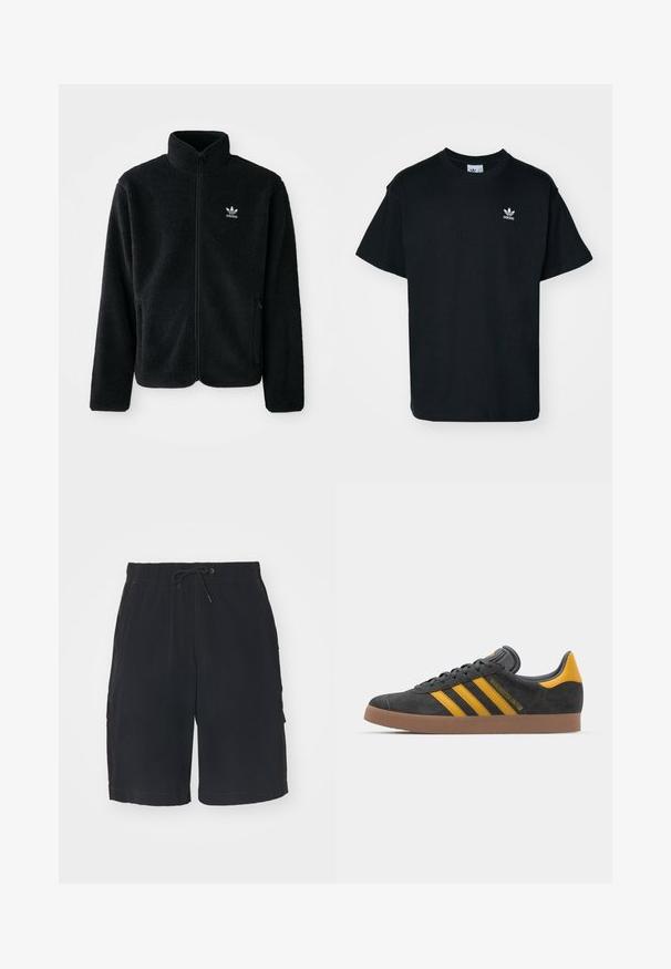 Jachetă din fleece neagră cu guler înalt, fermoar pe față și buzunare frontale. Caracteristici ale materialului texturat și un mic logo alb pe pieptul stâng.; Tricou din bumbac negru cu guler rotund și mâneci scurte, având un mic logo alb Adidas pe partea stângă a pieptului.; Șorturi cargo negre cu talie elastică, șnur, buzunare laterale și cusături contrastante. Fabricate dintr-un material ușor.; Tenisi negri din suede cu accente galbene, având trei dungi și o talpă din cauciuc maroniu. Include un limba căptușită pentru confort.