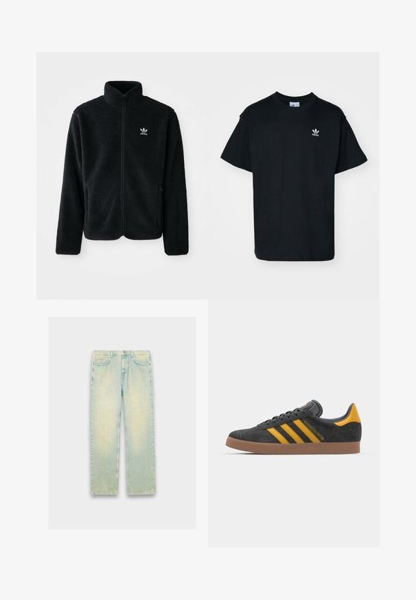 Czarna polarowa kurtka z wysokim kołnierzem, zamek z przodu i kieszeniami z przodu. Posiada teksturowany materiał i małe białe logo na lewej piersi.; Czarna bawełniana koszulka z okrągłym dekoltem i krótkimi rękawami, z małym białym logo Adidas na lewej stronie klatki piersiowej.; Jasnoniebieskie dżinsy o luźnym kroju, z pięcioma kieszeniami, zapinane na suwak, z wizualnie wyblakłym wykończeniem na udach i kolanach.; Czarne zamszowe sneakersy z żółtymi akcentami, z trzema paskami i brązową gumową podeszwą. Posiadają wyściełany język dla większego komfortu.