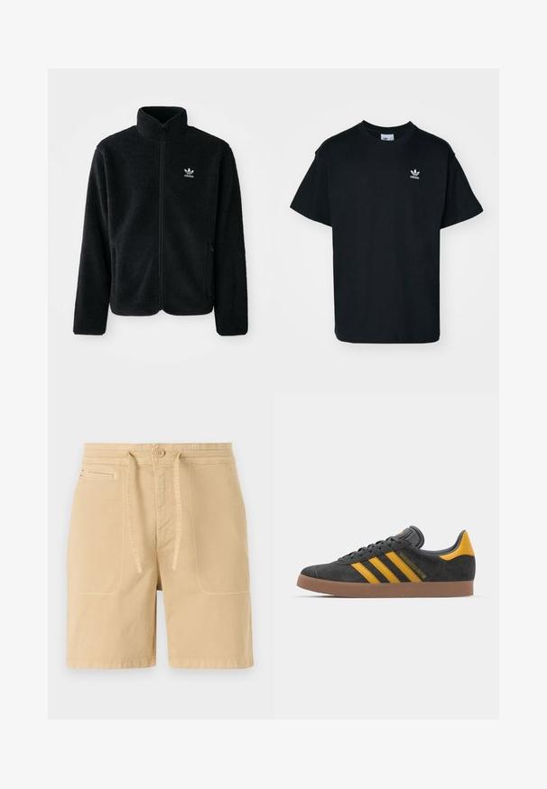 Czarna polarowa kurtka z wysokim kołnierzem, zamek z przodu i kieszeniami z przodu. Posiada teksturowany materiał i małe białe logo na lewej piersi.; Czarna bawełniana koszulka z okrągłym dekoltem i krótkimi rękawami, z małym białym logo Adidas na lewej stronie klatki piersiowej.; Beżowe szorty wykonane z bawełny, z elastycznym paskiem na sznurku, przednimi kieszeniami i widocznym szwem. Prosty, casualowy design.; Czarne zamszowe sneakersy z żółtymi akcentami, z trzema paskami i brązową gumową podeszwą. Posiadają wyściełany język dla większego komfortu.