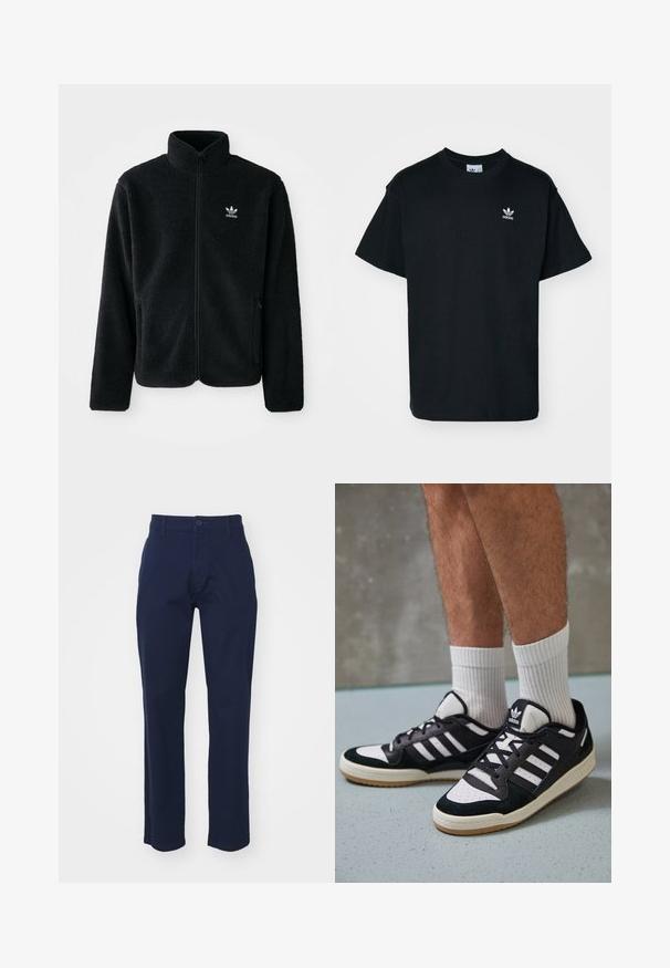 Juodas fliso džemperis su aukštu apykakle, užtrauktuku priekyje ir priekinėmis kišenėmis. Ypatybės: tekstūruota medžiaga ir mažas baltas logotipas kairėje krūtinės pusėje.; Juodas medvilnės marškinėliai su apvalia iškirpte ir trumpomis rankovėmis, su mažuoju baltu Adidas logotipu kairėje krūtinės pusėje.; Alpha Industries PANT - Chino stiliaus kelnės - ultra navy; Juodos ir baltos sportinės bateliai su zomšiniu ir odiniu viršumi, su trimis baltomis juostelėmis, perforuota koja ir guminėmis padais.