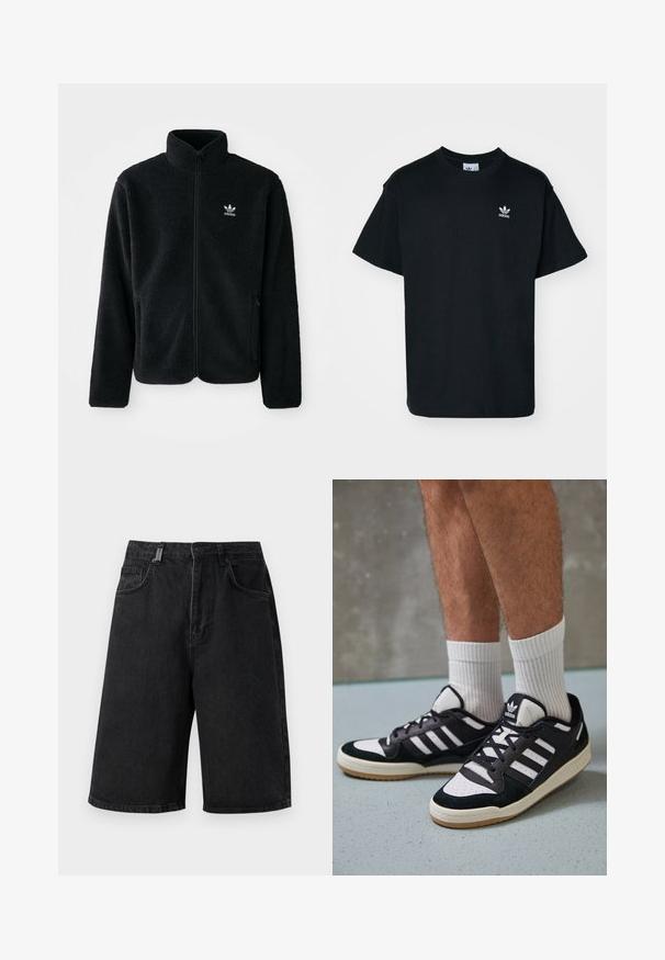 Veste en polaire noire avec col haut, fermeture éclair à l'avant et poches перед тобой. Présente un tissu texturé et un petit logo blanc sur la poitrine gauche.; T-shirt en coton noir avec un col rond et des manches courtes, présentant un petit logo Adidas blanc sur la zone gauche de la poitrine.; Shorts en denim noir avec une coupe ample, une taille mi-haute, cinq poches et des passants de ceinture. Le tissu a une texture lisse et des détails de couture subtils.; Baskets noir et blanc avec une tige en suède et cuir, comportant trois rayures blanches, un bout perforé et une semelle en caoutchouc gum.