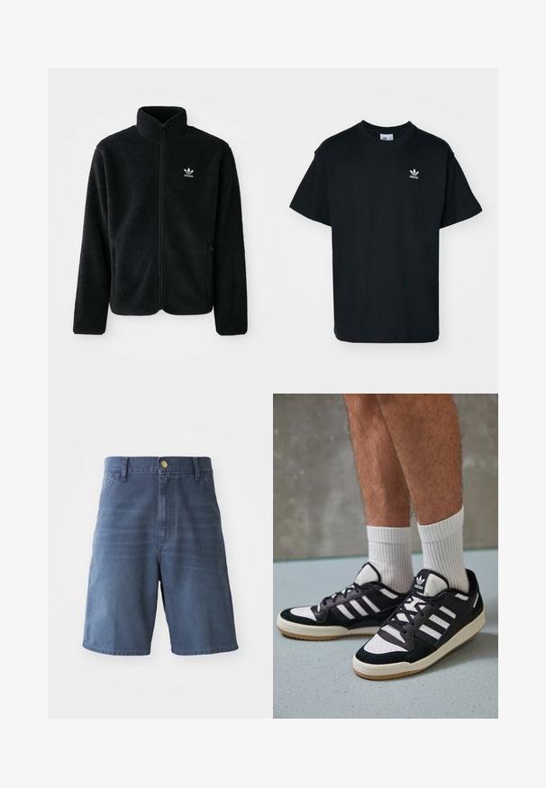 Zwarte fleece jacket met hoge kraag, ritssluiting aan de voorkant en voorzakken. Kenmerkt zich door textuurstof en een klein wit logo op de linkerborst.; Zwarte katoenen t-shirt met een ronde hals en korte mouwen, voorzien van een klein wit Adidas-logo op de linkerborst.; Donkerblauwe denimshorts, met knoopsluiting, riemlussen en twee voorzakken. Soepele textuur met een rechte snit.; Zwart-witte sneakers met een bovenwerk van suede en leer, voorzien van drie witte strepen, een geperforeerde neus en een rubberen gumzool.