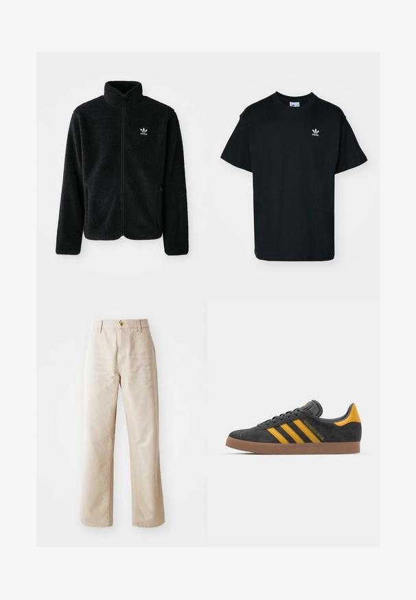 Fekete bolyhos dzseki magas gallérral, cipzáros elejével és elülső zsebeivel. Texturált anyaga és kis fehér logója van a bal mellen.; Fekete pamut póló kerek nyakkal és rövid ujjal, bal melle részen egy kis fehér Adidas logóval.; Beige színű, széles szárú pamut nadrág, sima textúrával, elöl gombos záródással, övhurkokkal és két oldalsó zsebbel.; Fekete velúrbőr sportcipő sárga díszítéssel, három csíkkal és barna gumitalppal. Párnázott nyelvével a kényelem érdekében.
