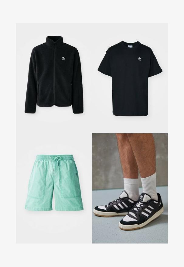Fekete bolyhos dzseki magas gallérral, cipzáros elejével és elülső zsebeivel. Texturált anyaga és kis fehér logója van a bal mellen.; Fekete pamut póló kerek nyakkal és rövid ujjal, bal melle részen egy kis fehér Adidas logóval.; Mentazöld, könnyű anyagból készült nadrág, elasztikus derékkal, húzózsinórral és két, varrott díszítéssel ellátott oldalsó zsebbel.; Fekete-fehér tornacipők velúr és bőr felsőrésszel, három fehér csíkkal, perforált orral és gumi talppal.