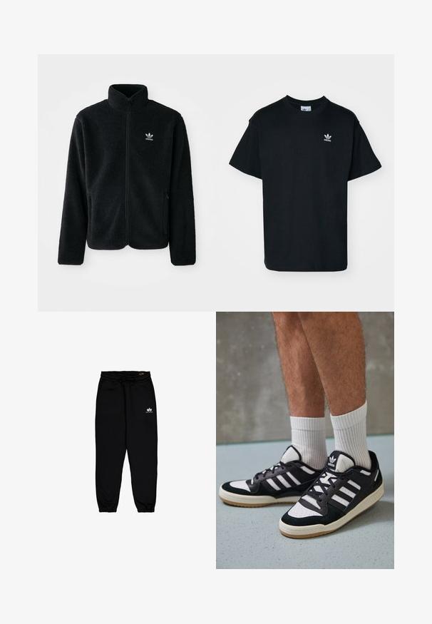 Casaco de fleece preto com gola alta, fecho de correr à frente e bolsos frontais. Apresenta um tecido texturizado e um pequeno logo branco no lado esquerdo do peito.; T-shirt preta de algodão com gola redonda e mangas curtas, apresentando um pequeno logótipo branco da Adidas na área do lado esquerdo do peito.; Calças de corrida pretas feitas de um tecido macio e elástico. Apresentam uma cintura elástica com cordão e punhos elásticos. Pequeno logotipo branco na anca.; Ténis em preto e branco com upper em camurça e couro, apresentando três riscas brancas, um toe perfurado e uma sola em borracha de goma.