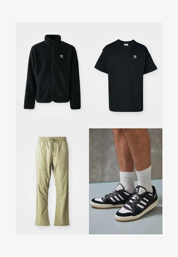 Crna fleec jakna s visokim ovratnikom, prednjim zatvaračem i prednjim džepovima. Ima teksturirani materijal i mali bijeli logo na lijevoj strani prsnog koša.; Crna pamučna majica s kratkim rukavima i okruglim izrezom, s malim bijelim Adidas logotipom s lijeve strane na prsima.; Maslinasto zelene, lagane cargo hlače s vezicom u struku, dva prednja džepa i opušteni kroj. Glatka pamučna tkanina, ravni kroj nogavica.; Crne i bijele tenisice s gornjim dijelom od antilopa i kože, s tri bijele pruge, perforiranim prstom i gumiranim potplatom.