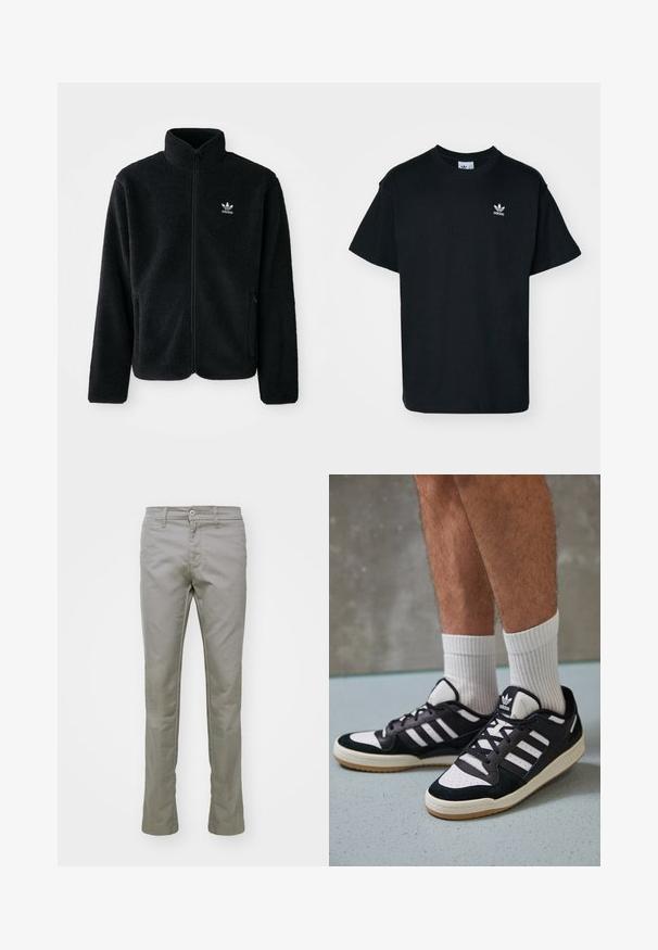Black fleece jacket with high collar, zip front, and front pockets. Features textured fabric and small white logo on left chest.; Black cotton t-shirt with a crew neck and short sleeves, featuring a small white Adidas logo on the left chest area.; Carhartt WIP SID PANT - Trousers - misty grey; Black and white sneakers with a suede and leather upper, featuring three white stripes, a perforated toe, and a gum rubber sole.