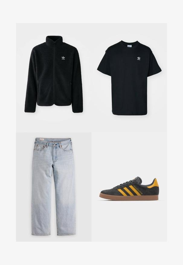 Črna flis jakna z visokim ovratnikom, z zadrgo spredaj in sprednjimi žepi. Ima strukturno blago in majhno belo logo na levi strani prsnega koša.; Črna bombažna majica s kratkimi rokavi in krožno ovratnikom, z majhnim belim logotipom Adidas na levem prsnem delu.; Svijetloplave traperice ravnog kroja s visokim strukom, kopčanje na dugme, te prednjim i stražnjim džepovima, prikazane na ravnoj površini.; Črne semiš tene z rumenimi akcenti, ki vsebujejo tri trakove in rjavo gumo podplat. Vključujejo oblazinjeno jezik za udobje.