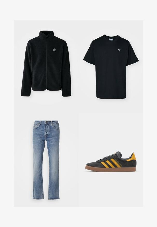Casaco de fleece preto com gola alta, fecho de correr à frente e bolsos frontais. Apresenta um tecido texturizado e um pequeno logo branco no lado esquerdo do peito.; T-shirt preta de algodão com gola redonda e mangas curtas, apresentando um pequeno logótipo branco da Adidas na área do lado esquerdo do peito.; Jeans de ganga azul claro com um design de perna reta, apresentando cinco bolsos e um pequeno botão de metal na cintura. Detalhe de bainha desfiada.; Tenis em camurça preta com detalhes amarelos, apresentando três riscas e uma sola de borracha castanha. Inclui uma língua acolchoada para maior conforto.