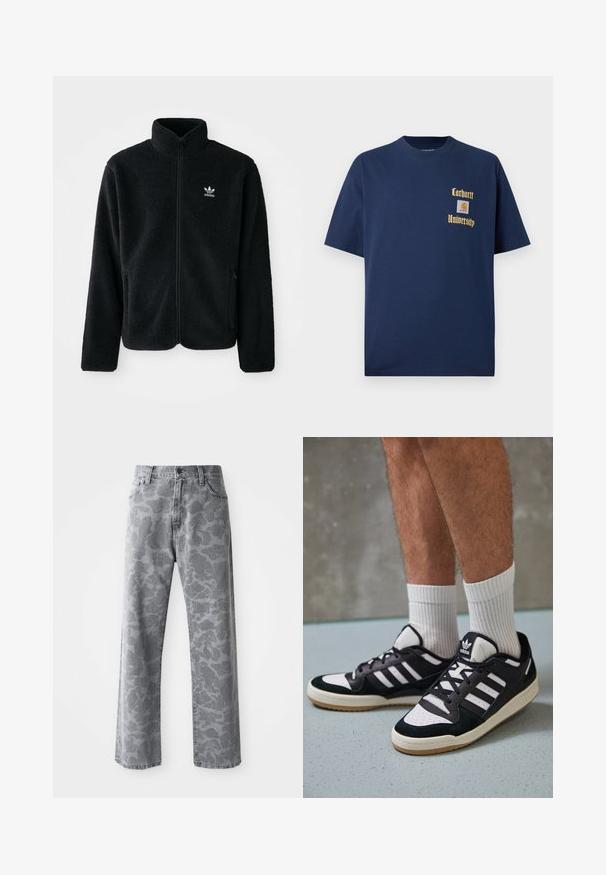 Zwarte fleece jacket met hoge kraag, ritssluiting aan de voorkant en voorzakken. Kenmerkt zich door textuurstof en een klein wit logo op de linkerborst.; Marineblauwe katoenen T-shirt met korte mouwen, voorzien van gouden tekst "Carhartt University" en een logo-label op de linkerborst.; Grijze denim jeans met een camouflagepatroon, rechte pijpen, vijf zakken en een knoopsluiting.; Zwart-witte sneakers met een bovenwerk van suede en leer, voorzien van drie witte strepen, een geperforeerde neus en een rubberen gumzool.
