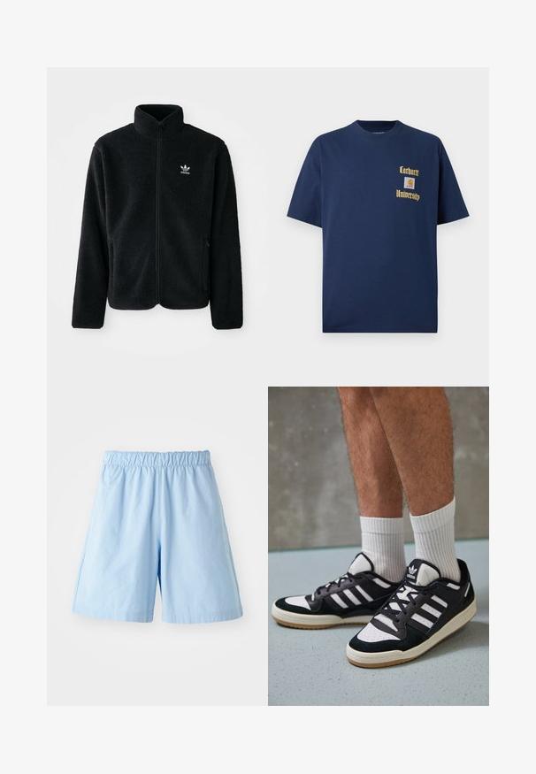 Μαύρο φλις μπουφάν με ψηλό γιακά, μπροστινό φερμουάρ και μπροστινές τσέπες. Διαθέτει υφασμάτινη υφή και μικρό λευκό λογότυπο στο αριστερό στήθος.; Σκούρο μπλε βαμβακερό T-shirt με κοντά μανίκια, με χρυσό κείμενο "Carhartt University" και λογότυπο ραμμένο στο αριστερό στήθος.; Απαλές γαλάζιες σορτς με ελαστική μέση, κατασκευασμένες από υφαντό ύφασμα. Διαθέτουν πλαϊνές τσέπες και εφαρμογή χαλαρή, κατάλληλη για καθημερινή χρήση.; Μαύρα και λευκά αθλητικά παπούτσια με άνω μέρος από σουέτ και δέρμα, featuring τρεις λευκές ρίγες, περατά δάχτυλα και σόλα από καουτσούκ τύπου γκαστ.