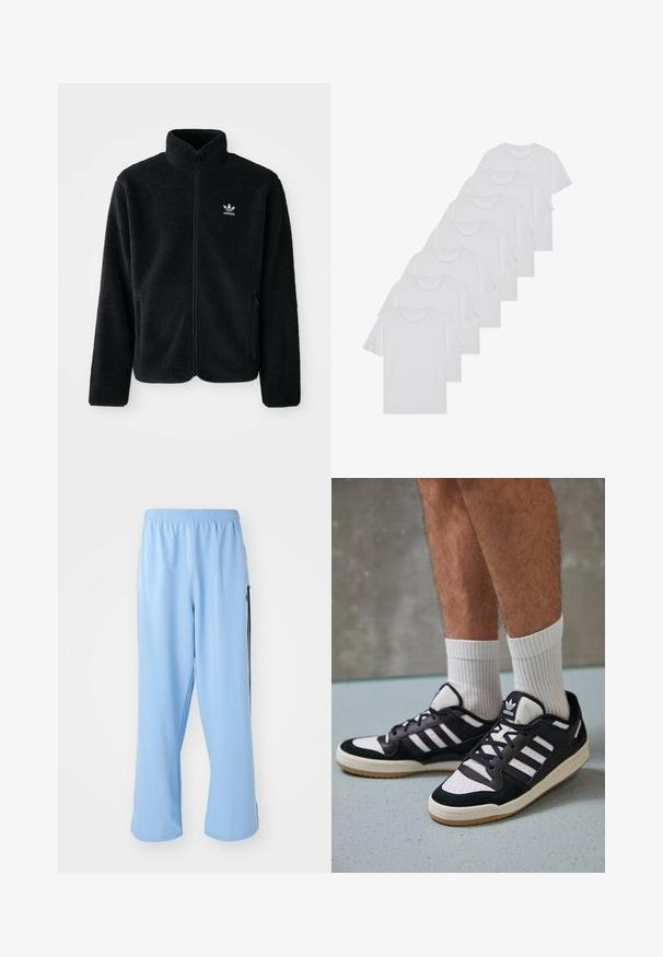 Casaco de fleece preto com gola alta, fecho de correr à frente e bolsos frontais. Apresenta um tecido texturizado e um pequeno logo branco no lado esquerdo do peito.; T-shirts brancos de algodão, mangas curtas, design de gola redonda, com textura lisa, empilhados em fila, com uma marcação subtil na gola.; Calças de desporto azul claro feitas de um tecido suave, com um cós elástico e riscas laterais contrastantes em preto.; Ténis em preto e branco com upper em camurça e couro, apresentando três riscas brancas, um toe perfurado e uma sola em borracha de goma.