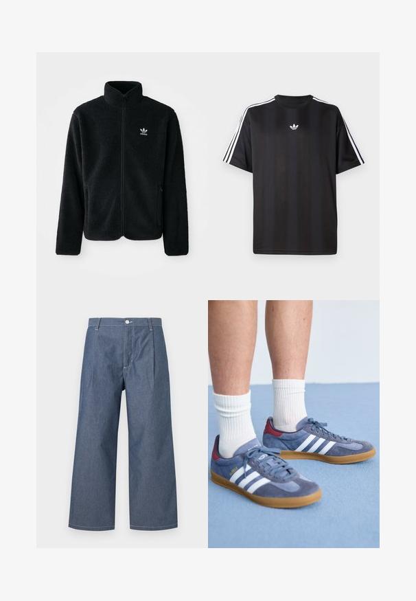 Musta fleece-takki, jossa on korkea kaulus, vetoketjusuljenta ja etutaskut. Käyttää teksturoitua kangasta ja siinä on pieni valkoinen logo vasemmassa rinnassa.; Musta lyhythihainen T-paita, jossa valkoiset kolmioviivain yksityiskohdat hartioissa ja pieni valkoinen logo rinnassa. Silkkinen kangastuntuma.; Kevyt farkut tummansinisessä sävyssä, joissa on korkea vyötärö, leveät lahkeet, etuploimut ja nappisulku.; Siniset mokkakengät valkoisilla raidoilla, kumipohja, punaiset yksityiskohdat kantapäässä ja harmaat nauhat. Yhdistetty valkoisiin raidallisiin sukkiin.