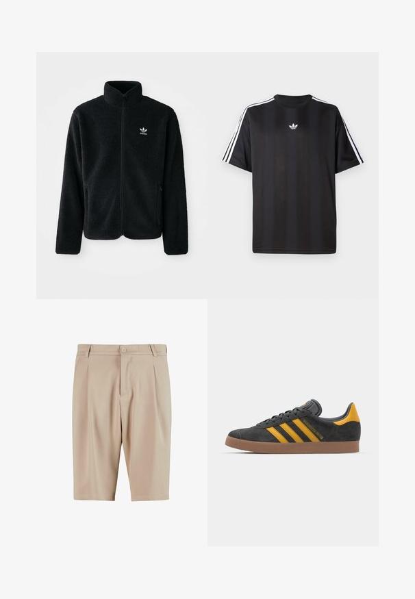 Čierna fleecová bunda s vysokým golierom, zipsom na prednej strane a prednými vreckami. Obsahuje textúrovanú tkaninu a malé biele logo na ľavej hrudi.; Čierne tričko s krátkym rukávom a bielymi trojpruhmi na pleciach a malým bielym logom na hrudi. Hladká textúra látky.; Béžové strihové šortky s plieseňmi, s gombíkovým zapínaním a klasickým dizajnom. Hladký povrch, dĺžka po kolená a bez viditeľných vreciek.; Čierne semišové tenisky so žltými akcentmi, ktoré majú tri pruhy a hnedú gumovú podrážku. Obsahujú vypolstrovaný jazyk pre pohodlie.
