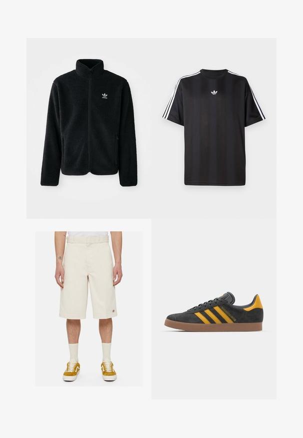 Black fleece jacket with high collar, zip front, and front pockets. Features textured fabric and small white logo on left chest.; Black short-sleeve t-shirt with white three-stripe detailing on shoulders and a small white logo on the chest. Smooth fabric texture.; Beige cotton shorts with a straight cut, flat front, and side pockets. Features a small logo patch near the hem. Worn with yellow sneakers.; Black suede sneaker with yellow accents, featuring three stripes and a brown rubber sole. Includes a padded tongue for comfort.