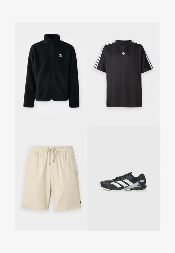 Sort fleecejakke med høj krave, lynlås foran og frontlommer. Har tekstureret stof og lille hvidt logo på venstre bryst.; Sort kortærmet t-shirt med hvid tre-stribe detaljer på skuldrene og et lille hvidt logo på brystet. Glat stofstruktur.; Beige corduroy shorts med elastisk talje og snore, med en subtil lodret ribbet tekstur og et lille label på siden.; Sort sportsko med hvide striber, mesh-overdel, rund tå og dæmpet sål. Har en tekstureret hæl og et sikkert snøresystem.