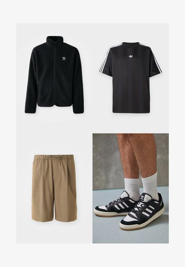 Černá fleecová bunda s vysokým límcem, předním zipem a předními kapsami. Disponuje strukturovanou tkaninou a malým bílým logem na levé hrudi.; Černé tričko s krátkým rukávem s bílými třemi pruhy na ramenou a malým bílým logem na hrudi. Hladká textilie.; Hnědé skládací šortky s elastickým pasem a nastavovacím stahováním. Vyrobené z hladké, lehké tkaniny se střihem rovného nohavice.; Černobílé tenisky s vrchní částí z semišové a kožené kůže, včetně tří bílých pruhů, perforovaného špičky a podrážky z gumy.