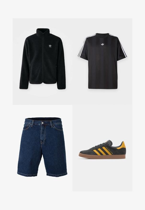 Must värviline fleecedee peasärk kõrge kraega, tõmblukuga esiosa ja esikotid. Omab tekstuuriga kangast ja väikest valget logo vasakul rinnal.; Must t-särk lühikeste varrukatega musta värviga, millel on valged kolmerealised detailid õlgadel ja väike valge logo rinnal. Sile kangas.; Tumed sinised teksajortsid sirge lõike, tavalise vöökoha ja metallnupuga kinnituse; eristub kontrastsetest kollastest õmblustest ja äärtest.; Mustad sametist spordijalatsid kollaste aktsentidega, millel on kolm triipu ja pruun kummitald. Mugavuse tagamiseks on neil pehmendatud keele osa.