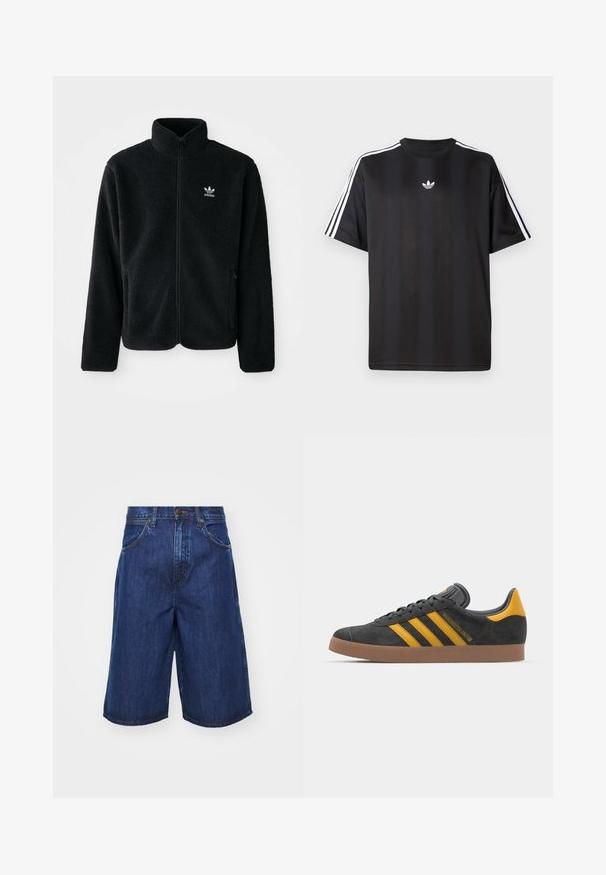 Fekete bolyhos dzseki magas gallérral, cipzáros elejével és elülső zsebeivel. Texturált anyaga és kis fehér logója van a bal mellen.; Fekete, rövid ujjú póló fehér háromcsíkos díszítéssel a vállakon és egy kis fehér logóval a mellkasán. Simább anyag textúra.; Sötétkék farmer rövidnadrág, laza szabással, nagy oldalsó zsebekkel és látható varrási részletekkel. Közép derékszabás, gombos záródással.; Fekete velúrbőr sportcipő sárga díszítéssel, három csíkkal és barna gumitalppal. Párnázott nyelvével a kényelem érdekében.