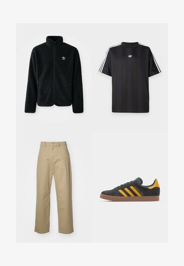 Juodas fliso džemperis su aukštu apykakle, užtrauktuku priekyje ir priekinėmis kišenėmis. Ypatybės: tekstūruota medžiaga ir mažas baltas logotipas kairėje krūtinės pusėje.; Juodas trumpomis rankovėmis marškinėliai su balta trimis juostelėmis ant pečių ir mažai balta logotipo krūtinėje. Lygus audinio tekstūra.; Bežinės medvilninės kelnės tiesaus kirpimo, su priekinėmis sagomis ir užtrauktuku, taip pat dviem šoninėmis kišenėmis. Lygus paviršius.; Juodas zomšinės sportbačiai su geltonais akcentais, turintys tris juosteles ir rudą gumos padą. Apima paminkštintą liežuvėlį patogumui.