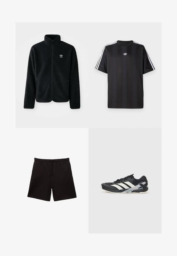 Black fleece jacket with high collar, zip front, and front pockets. Features textured fabric and small white logo on left chest.; Black short-sleeve t-shirt with white three-stripe detailing on shoulders and a small white logo on the chest. Smooth fabric texture.; Black cotton shorts with a drawstring waistband, featuring two front pockets and a soft, smooth texture.; Black athletic shoe with white stripes, mesh upper, rounded toe, and cushioned sole. Features a textured heel and secure lacing system.