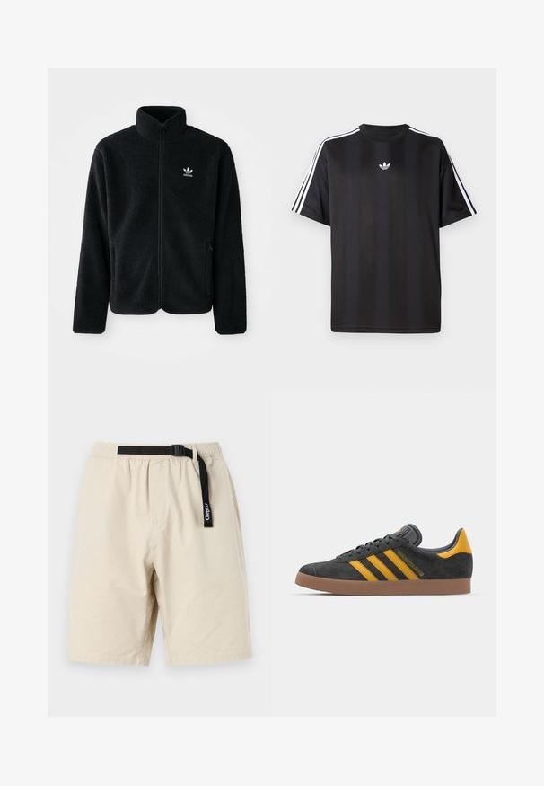 Veste en polaire noire avec col haut, fermeture éclair à l'avant et poches перед тобой. Présente un tissu texturé et un petit logo blanc sur la poitrine gauche.; T-shirt noir à manches courtes avec des détails à trois rayures blanches sur les épaules et un petit logo blanc sur la poitrine. Texture de tissu lisse.; Shorts beiges avec une taille élastique et une ceinture noire réglable. Fabriqués dans un tissu léger, présentant un design simple et une coupe droite.; Baskets en suede noir avec des accents jaunes, présentant trois rayures et une semelle en caoutchouc marron. Comprend une languette rembourrée pour le confort.