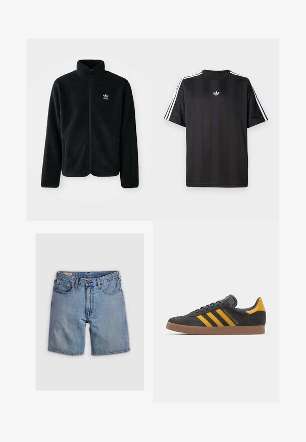 Svart fleecejakke med høy krage, glidelås foran og frontlommer. Har strukturert stoff og liten hvit logo på venstre bryst.; Svart t-skjorte med kort erm og hvite tre-stripes detaljer på skuldrene og en liten hvit logo på brystet. Mjuk stofftekstur.; Denimshorts i lys blå vask, med høy midje, fem lommer, og glidelås med knappelukking. Sømmen er i kontrast med oransje.; Sort skinnesko i svart semsket skinn med gule detaljer, med tre striper og en brun gummisåle. Inkluderer en polstret tunge for komfort.