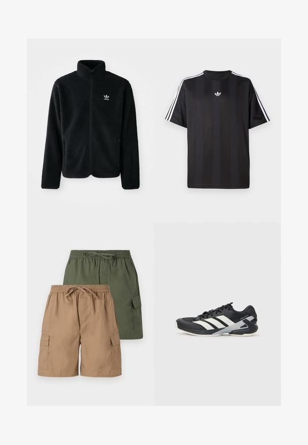 Chupa de forro polar negro con cuello alto, cierre frontal y bolsillos delanteros. Presenta tela texturizada y un pequeño logo blanco en el lado izquierdo del pecho.; Camiseta negra de manga corta con detalles de tres rayas blancas en los hombros y un pequeño logo blanco en el pecho. Textura de tela suave.; Dos pares de pantalones cortos de carga; uno caqui y otro verde. Cada uno tiene una cintura elástica, cuerda de ajuste y bolsillos laterales. Textura de tela suave.; Zapatilla deportiva negra con franjas blancas, parte superior de malla, punta redondeada y suela acolchada. Presenta un talón texturizado y un sistema de cordones seguro.