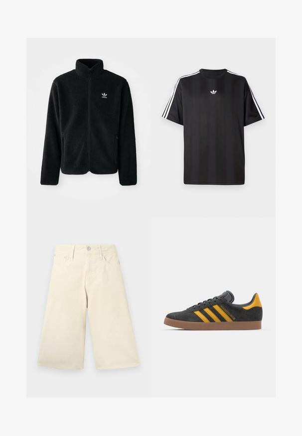 Casaco de fleece preto com gola alta, fecho de correr à frente e bolsos frontais. Apresenta um tecido texturizado e um pequeno logo branco no lado esquerdo do peito.; T-shirt preto de manga curta com detalhes em branco nas três listas nos ombros e um pequeno logo branco no peito. Textura do tecido suave.; Calças de verão largas de cor bege, feitas de algodão, com um design clássico de cinco bolsos, apresentando um botão de metal prateado e fecho de zíper na parte da frente.; Tenis em camurça preta com detalhes amarelos, apresentando três riscas e uma sola de borracha castanha. Inclui uma língua acolchoada para maior conforto.