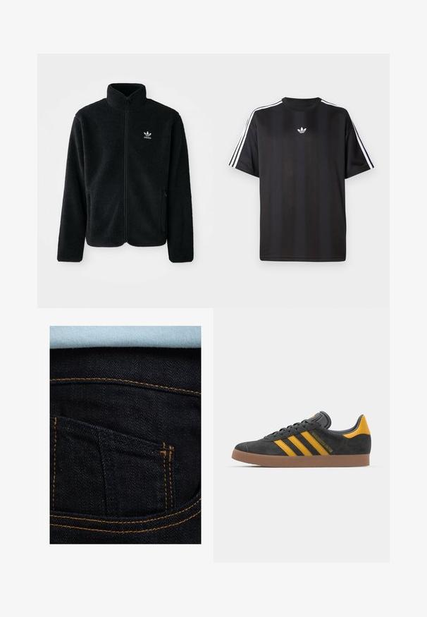 Svart fleecejacka med hög krage, blixtlås fram och framfickor. Har strukturtyg och en liten vit logotyp på vänster bröst.; Svart t-shirt med kort ärm och vita tre-randiga detaljer på axlarna samt en liten vit logotyp på bröstet. Slät tygtextur.; Mörkblå denimjeans med orange sömmar, med en bakficka och en ljusblå skjorta synlig ovanför. Slät textur, klassisk design.; Svart mockaskor med gula accenter, med tre ränder och en brun gummisula. Inkluderar en vadderad tunga för extra komfort.