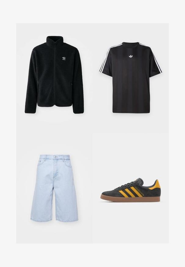 Black fleece jacket with high collar, zip front, and front pockets. Features textured fabric and small white logo on left chest.; Black short-sleeve t-shirt with white three-stripe detailing on shoulders and a small white logo on the chest. Smooth fabric texture.; Light blue denim shorts with a loose fit, featuring a high waist, five pockets, and a zip fly. Clean edges with minimal fading.; Black suede sneaker with yellow accents, featuring three stripes and a brown rubber sole. Includes a padded tongue for comfort.