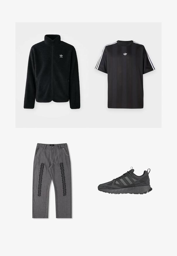 Melns flīsa mētelis ar augstu apkakli, ar rāvējslēdzēju priekšā un priekšējiem kabatām. Iezīmē ar teksturētu audumu un mazu baltu logo uz kreisā krūtīm.; Melns īsām piedurknēm T-krekls ar baltām trīs svītru detaļām uz pleciem un mazu baltu logo uz krūšu apvidus. Gluda auduma tekstūra.; Pelēkas cekulainas bikses ar melniem teksta akcentiem sānos, kas rotātas ar ķēdes aksesuāru jostasvieta. Taisna kāju dizains, strukturēta auduma.; Melni sporta apavi ar acs auduma un zamšādas virspusi, teksturētu gumijas zoli, mīkstu apkakli un izteiksmīgu trīsošu dizainu pelēkā krāsā.