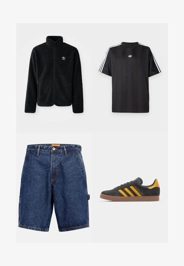 Black fleece jacket with high collar, zip front, and front pockets. Features textured fabric and small white logo on left chest.; Black short-sleeve t-shirt with white three-stripe detailing on shoulders and a small white logo on the chest. Smooth fabric texture.; Denim shorts in dark blue with light stitching, featuring a front button closure, belt loops, and a cargo pocket on the left side.; Black suede sneaker with yellow accents, featuring three stripes and a brown rubber sole. Includes a padded tongue for comfort.