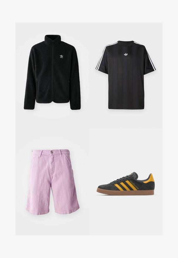 Sort fleecejakke med høj krave, lynlås foran og frontlommer. Har tekstureret stof og lille hvidt logo på venstre bryst.; Sort kortærmet t-shirt med hvid tre-stribe detaljer på skuldrene og et lille hvidt logo på brystet. Glat stofstruktur.; Lys lilla denimshorts med lige snit, der har knap- og lynlås-lukning, fem lomme-design og subtil tekstur.; Sort suedet sneaker med gule accenter, der har tre striber og en brun gummisål. Inkluderer en polstret tunge for komfort.