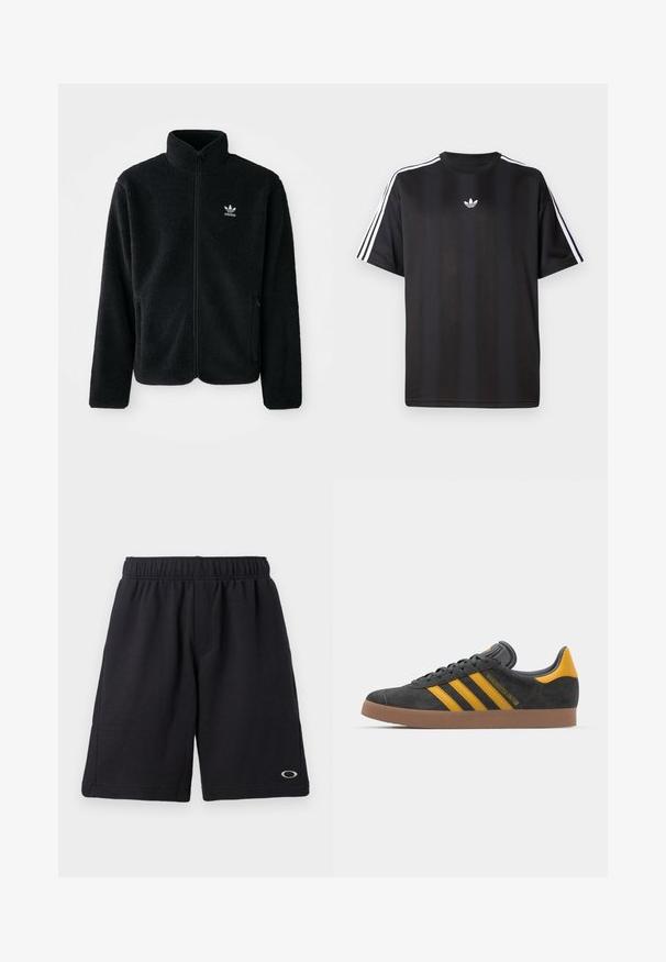 Black fleece jacket with high collar, zip front, and front pockets. Features textured fabric and small white logo on left chest.; Black short-sleeve t-shirt with white three-stripe detailing on shoulders and a small white logo on the chest. Smooth fabric texture.; Black athletic shorts with an elastic waistband, smooth texture, side pockets, and a small logo on the hem. Relaxed fit and knee-length.; Black suede sneaker with yellow accents, featuring three stripes and a brown rubber sole. Includes a padded tongue for comfort.