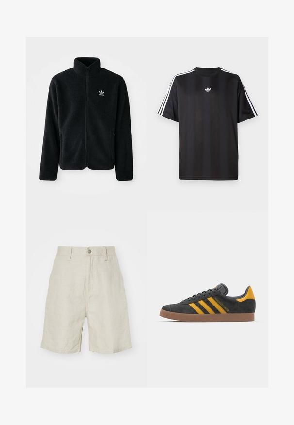 Jachetă din fleece neagră cu guler înalt, fermoar pe față și buzunare frontale. Caracteristici ale materialului texturat și un mic logo alb pe pieptul stâng.; Tricou negru cu mânecă scurtă, cu detalii albe cu trei dungi pe umeri și un mic logo alb pe piept. Textură de țesătură netedă.; Shorts din in bej deschis, cu talie înaltă, închidere cu nasture și buzunare laterale. Textură netedă cu o croială lejeră.; Tenisi negri din suede cu accente galbene, având trei dungi și o talpă din cauciuc maroniu. Include un limba căptușită pentru confort.
