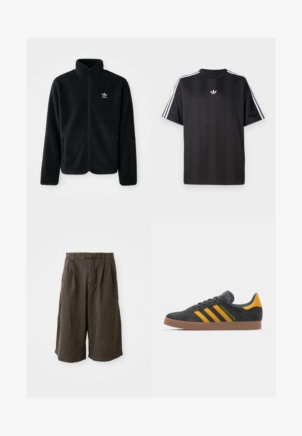 Svart fleecejacka med hög krage, blixtlås fram och framfickor. Har strukturtyg och en liten vit logotyp på vänster bröst.; Svart t-shirt med kort ärm och vita tre-randiga detaljer på axlarna samt en liten vit logotyp på bröstet. Slät tygtextur.; Bruna randiga shorts med lös passform. Tillverkade av lättviktsmaterial, med veck och en uppvikt fåll för extra detalj.; Svart mockaskor med gula accenter, med tre ränder och en brun gummisula. Inkluderar en vadderad tunga för extra komfort.