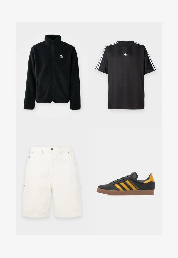 Crna fleec jakna s visokim ovratnikom, prednjim zatvaračem i prednjim džepovima. Ima teksturirani materijal i mali bijeli logo na lijevoj strani prsnog koša.; Crna majica kratkih rukava s bijelim trostrukim detaljima na ramenima i malim bijelim logotipom na prsima. Glatka tekstura tkanine.; Bijele pamučne cargo kratke hlače ravnog kroja, s prednjim i bočnim džepovima, metalnim kopčanjem i petljama za remen. Glatka tekstura.; Crne nubuk tenisice s žutim detaljima, sa tri pruge i smešnim gumenim potplatom. Imaju jastučić na jeziku za udobnost.