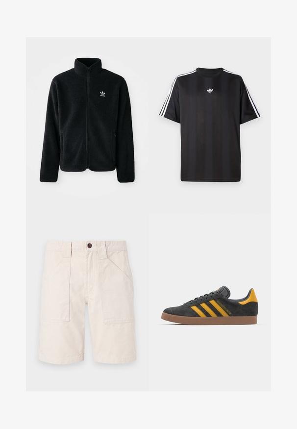Fekete bolyhos dzseki magas gallérral, cipzáros elejével és elülső zsebeivel. Texturált anyaga és kis fehér logója van a bal mellen.; Fekete, rövid ujjú póló fehér háromcsíkos díszítéssel a vállakon és egy kis fehér logóval a mellkasán. Simább anyag textúra.; Beige pamut rövidnadrág egyenes fazonnal, két oldalsó zsebbel, övhurkokkal ellátott derékpánttal és barna gombbal.; Fekete velúrbőr sportcipő sárga díszítéssel, három csíkkal és barna gumitalppal. Párnázott nyelvével a kényelem érdekében.