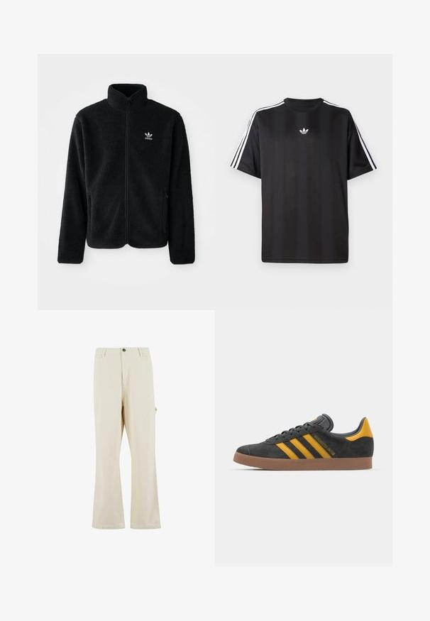 Black fleece jacket with high collar, zip front, and front pockets. Features textured fabric and small white logo on left chest.; Black short-sleeve t-shirt with white three-stripe detailing on shoulders and a small white logo on the chest. Smooth fabric texture.; Beige, wide-leg trousers made of cotton blend fabric with a button closure. Features side pockets and a subtle texture. Seam detailing visible.; Black suede sneaker with yellow accents, featuring three stripes and a brown rubber sole. Includes a padded tongue for comfort.