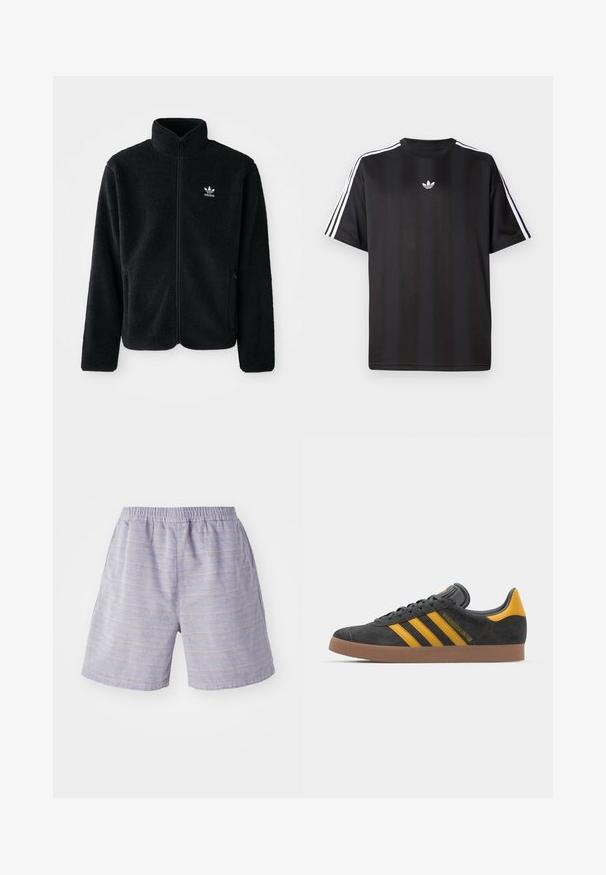 Melns flīsa mētelis ar augstu apkakli, ar rāvējslēdzēju priekšā un priekšējiem kabatām. Iezīmē ar teksturētu audumu un mazu baltu logo uz kreisā krūtīm.; Melns īsām piedurknēm T-krekls ar baltām trīs svītru detaļām uz pleciem un mazu baltu logo uz krūšu apvidus. Gluda auduma tekstūra.; Gaiši zili svītraini šorti ar elastīgu jostasvietu, izgatavoti no mīksta auduma. Iekļauj sānu kabatas un brīvu piegriezumu, ideāli piemēroti ikdienas valkāšanai.; Melnas zamšādas kedas ar dzelteniem akcentiem, kurām ir trīs svītras un brūna gumijas zole. Iekļauta mīksta valkāšanas tongue komfortam.