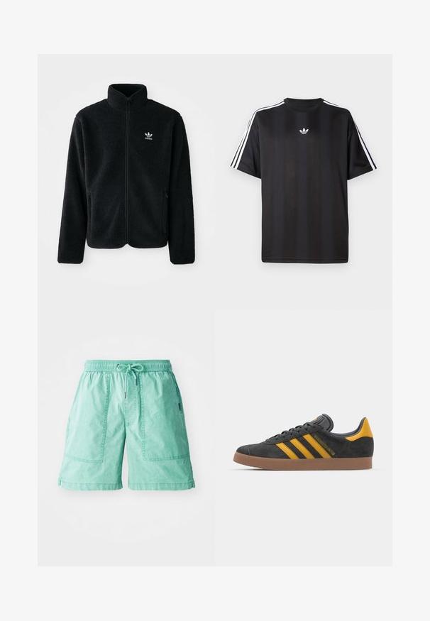 Casaco de fleece preto com gola alta, fecho de correr à frente e bolsos frontais. Apresenta um tecido texturizado e um pequeno logo branco no lado esquerdo do peito.; T-shirt preto de manga curta com detalhes em branco nas três listas nos ombros e um pequeno logo branco no peito. Textura do tecido suave.; Calções verdes menta feitos de um tecido leve, com um cós elástico, cordão e dois bolsos laterais com detalhes costurados.; Tenis em camurça preta com detalhes amarelos, apresentando três riscas e uma sola de borracha castanha. Inclui uma língua acolchoada para maior conforto.