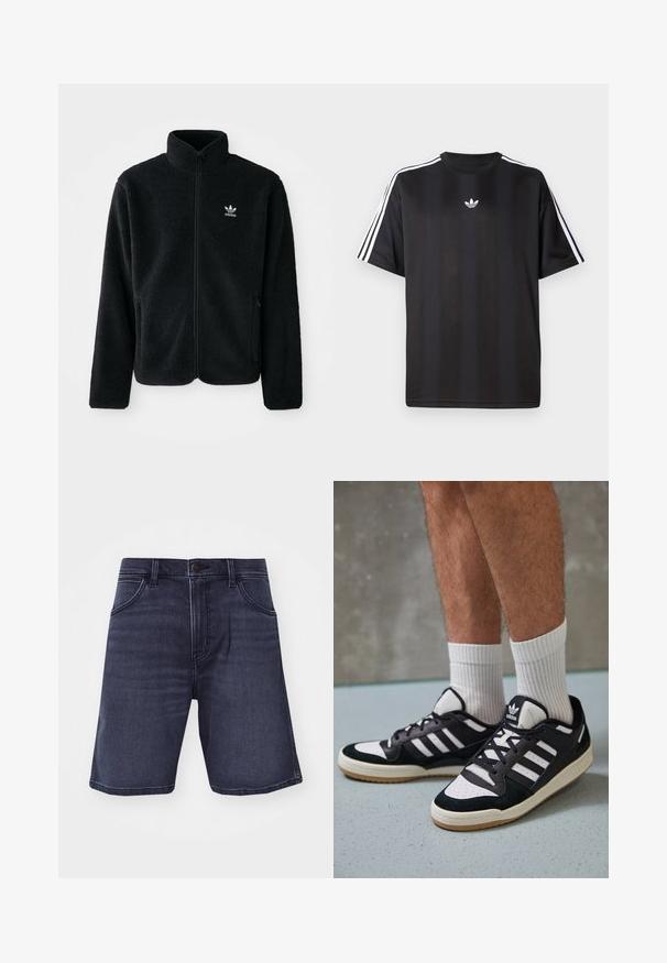 Musta fleece-takki, jossa on korkea kaulus, vetoketjusuljenta ja etutaskut. Käyttää teksturoitua kangasta ja siinä on pieni valkoinen logo vasemmassa rinnassa.; Musta lyhythihainen T-paita, jossa valkoiset kolmioviivain yksityiskohdat hartioissa ja pieni valkoinen logo rinnassa. Silkkinen kangastuntuma.; Tummansinisiä farkkuhousuja suoran leikkauksen, viiden taskun ja nappikiinnityksen kanssa. Sisältää hienovaraisia kulutusjälkiä ja ompeluyksityiskohtia.; Valkoiset ja mustat tennarit, joissa on mokkanahka- ja nahkapäällinen, kolme valkoista raitaa, rei'itetty kärki ja kumipohja.