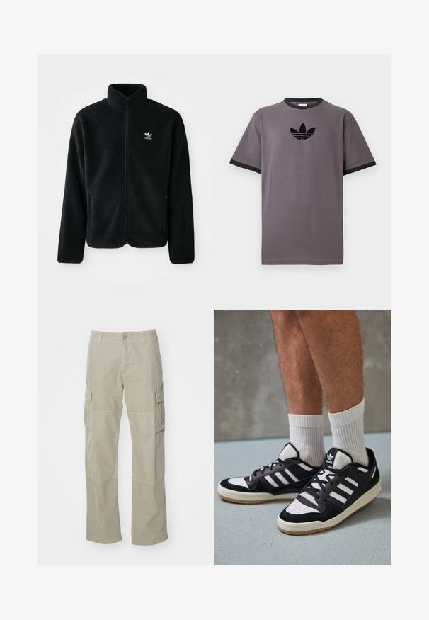 Črna flis jakna z visokim ovratnikom, z zadrgo spredaj in sprednjimi žepi. Ima strukturno blago in majhno belo logo na levi strani prsnega koša.; Siva bombažna majica z črnim rebrastim ovratnikom in kratkimi rokavi, s črnim Adidasovim logotipom na prsih.; Svijetlosmeđi cargo hlače od pamuka, širokih nogavica, s dva bočna džepa i dugmadi na struku. Glatka tekstura.; Črno-bele superge z zgornjim delom iz usnja in nubuka, ki imajo tri bele črte, perforiran vrh prstov in podplat iz gume.