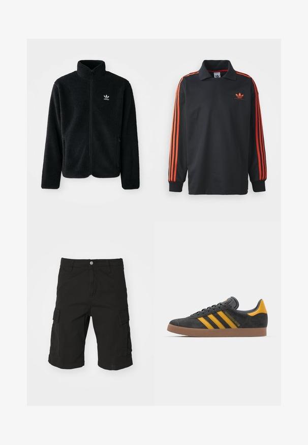 Veste en polaire noire avec col haut, fermeture éclair à l'avant et poches перед тобой. Présente un tissu texturé et un petit logo blanc sur la poitrine gauche.; Polo noir à manches longues avec col, présentant des rayures rouges sur les manches et un petit logo rouge sur la poitrine. Texture de tissu douce.; Shorts cargo noirs en tissu durable, dotés de poches latérales, d'une fermeture à bouton et de détails de ourlet roulé. Design à coupe droite.; Baskets en suede noir avec des accents jaunes, présentant trois rayures et une semelle en caoutchouc marron. Comprend une languette rembourrée pour le confort.