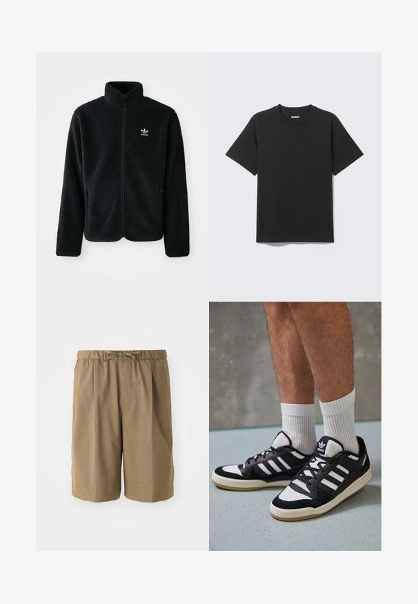 Svart fleecejakke med høy krage, glidelås foran og frontlommer. Har strukturert stoff og liten hvit logo på venstre bryst.; Svart T-skjorte med korte ermer laget av myk bomull, med rund hals og enkel design uten mønstre eller detaljer.; Brune plisserte shorts med elastisk midjebånd og justerbar snor. Laget av et glatt, lett stoff med rette ben.; Sorte og hvite sneakers med overdel i semsket skinn og lær, med tre hvite striper, perforert tå og en såle av gummi.