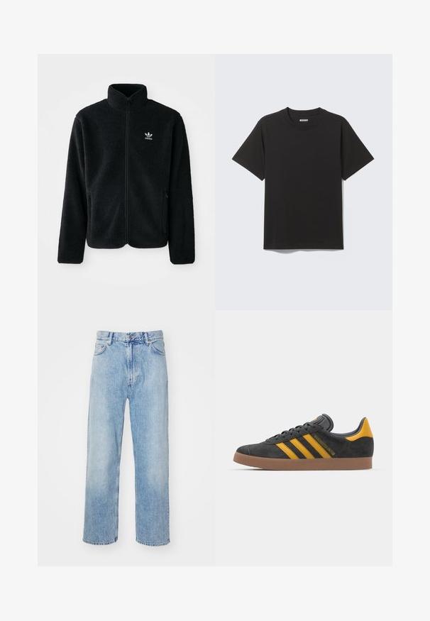 Sort fleecejakke med høj krave, lynlås foran og frontlommer. Har tekstureret stof og lille hvidt logo på venstre bryst.; Sort T-shirt med korte ærmer lavet af blød bomuld, med rund halsudskæring og enkelt design uden mønstre eller accenter.; Lyseblå denim jeans med lige ben design, prydet med kontraststing, fem lommer og en klassisk knap-gylp.; Sort suedet sneaker med gule accenter, der har tre striber og en brun gummisål. Inkluderer en polstret tunge for komfort.